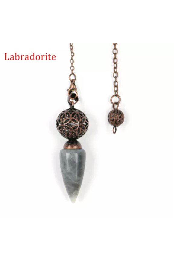 Natural Bullet Point Crystal Quartz Pendulum Metal Cage Energy Stone Amulet-Labradorite - Bronze