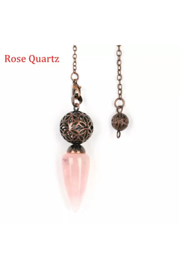 Natural Bullet Point Crystal Quartz Pendulum Metal Cage Energy Stone Amulet-Rose Quartz - Bronze