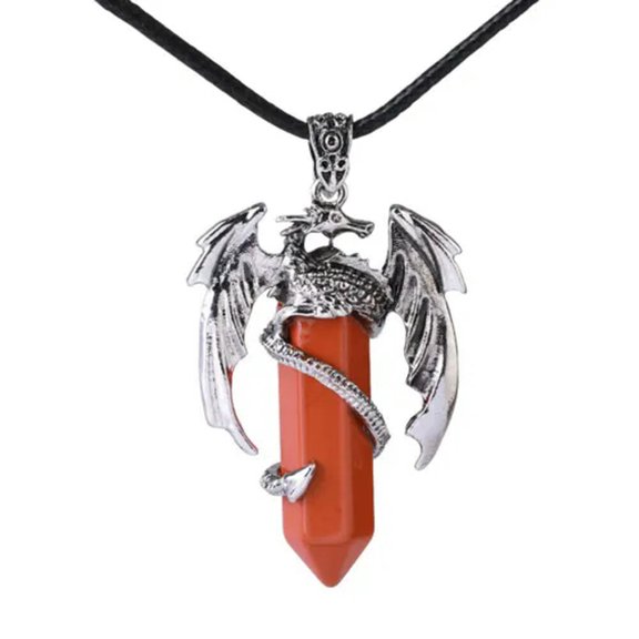 MATROOY Natural Crystal Dragon Wrap Stone Hexagonal Point Wand Pendant Necklace Healing-Red Jasper