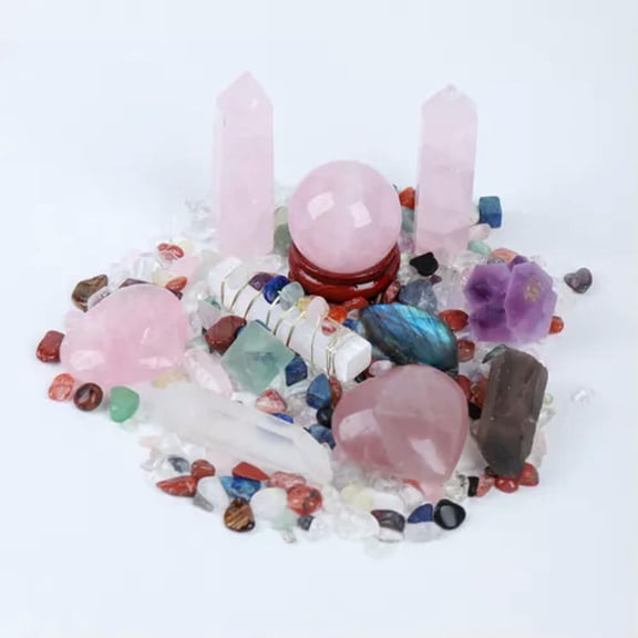 MATROOY Natural Crystal Point Healing Stone Selenite Wand Chakra Crystal Sphere Set -Rose Quartz