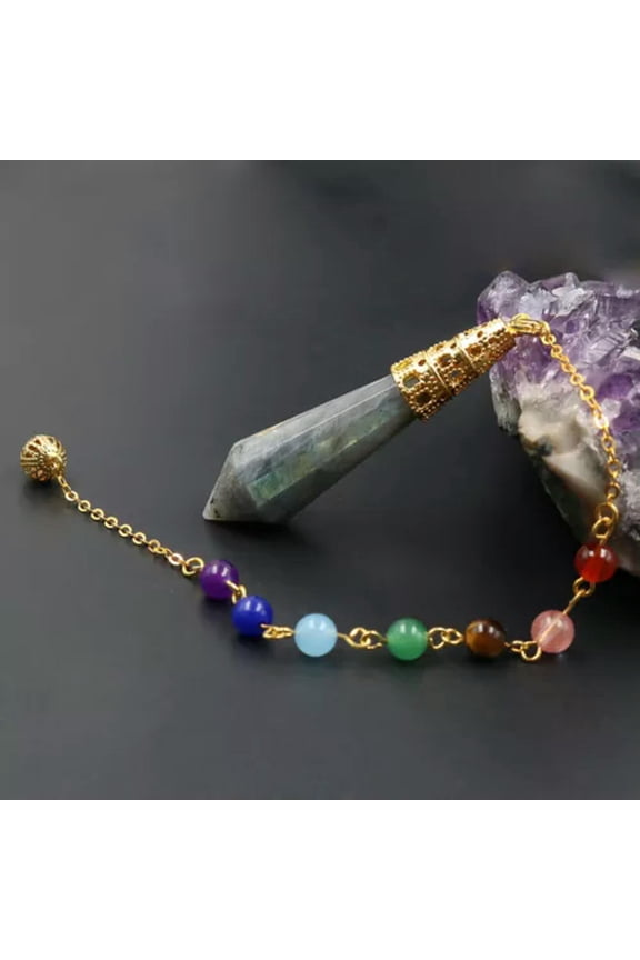 Natural Crystal Prism Pendulum Pendant Chakra Beads Gold Chain Amulet Healing -Labradorite
