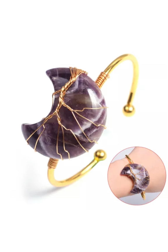 Natural Crystal Quartz Cuff Crescent Moon Wire Wrapped Bangle Gemstone Bracelet-Amethyst