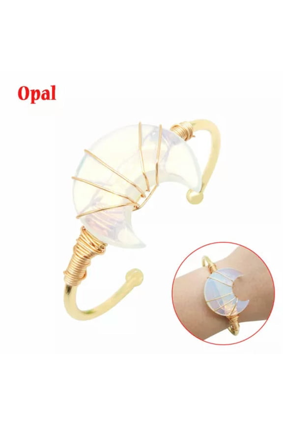 Natural Crystal Quartz Cuff Crescent Moon Wire Wrapped Bangle Gemstone Bracelet-Opal