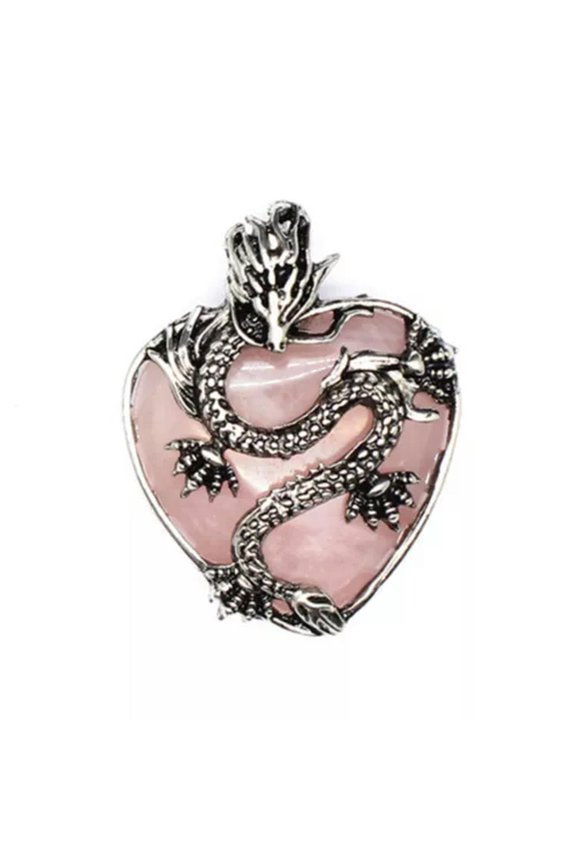 Natural Crystal Quartz Heart Shape Dragon Pendant Magic Reiki Healing Amulet-Rose Quartz