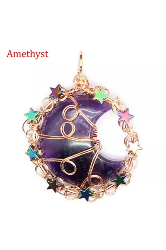 Natural Crystal Quartz Moon Carved Pendant Wire Wrap Titanium Metal Stars Charm-Amethyst