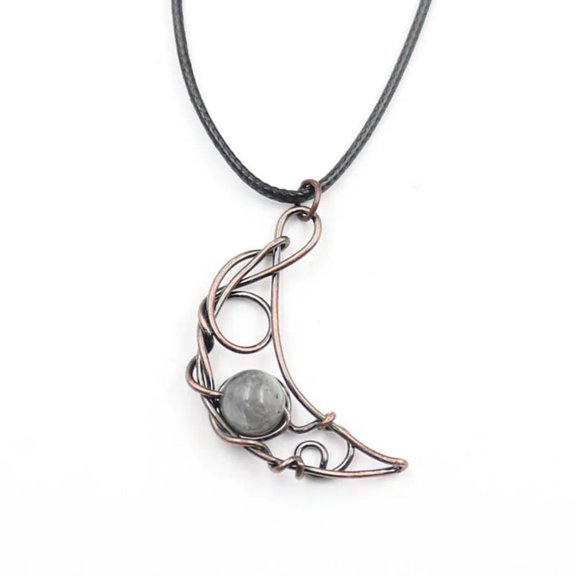 MATROOY Natural Crystal Quartz Necklace Labradorite Wire Pendant Crescent Moon Witchy