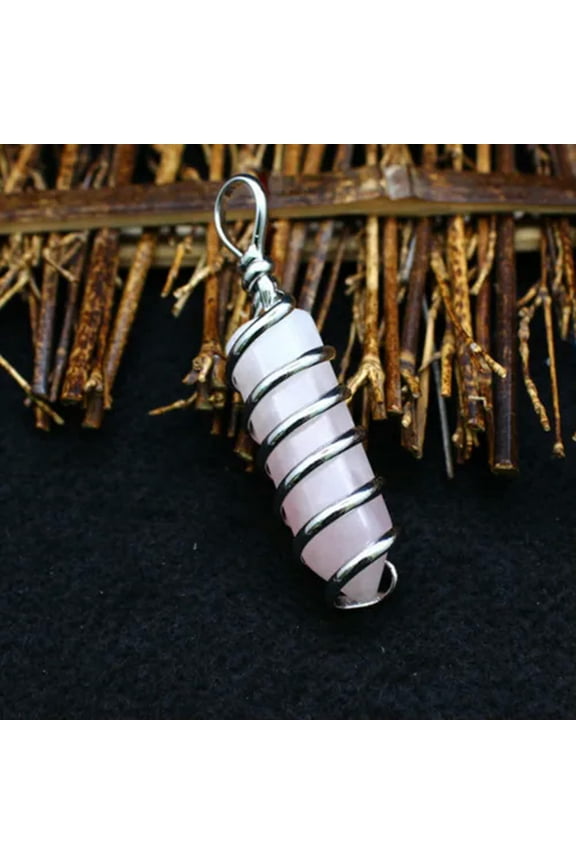 Natural Crystal Quartz Point Spiral Wrapped Pendant Chakra Reiki Healing Amulet-Rose Quartz