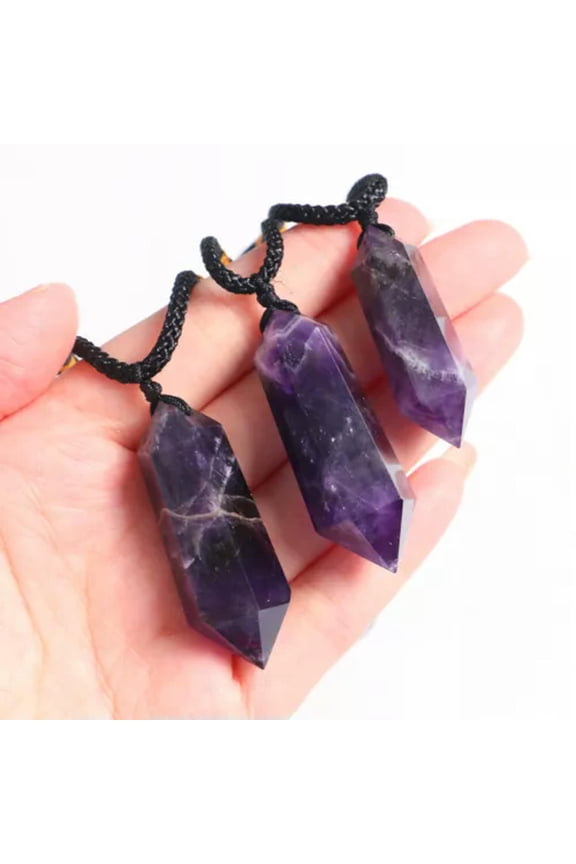 Natural Crystal Quartz Stone Pendulum Hexagonal Pendant Reiki Healing Necklace- Amethyst
