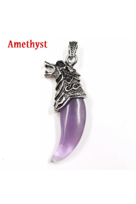 Natural Crystal Quartz Wolf Fang Tooth Healing Point Gem Bead Stone Pendant-Amethyst