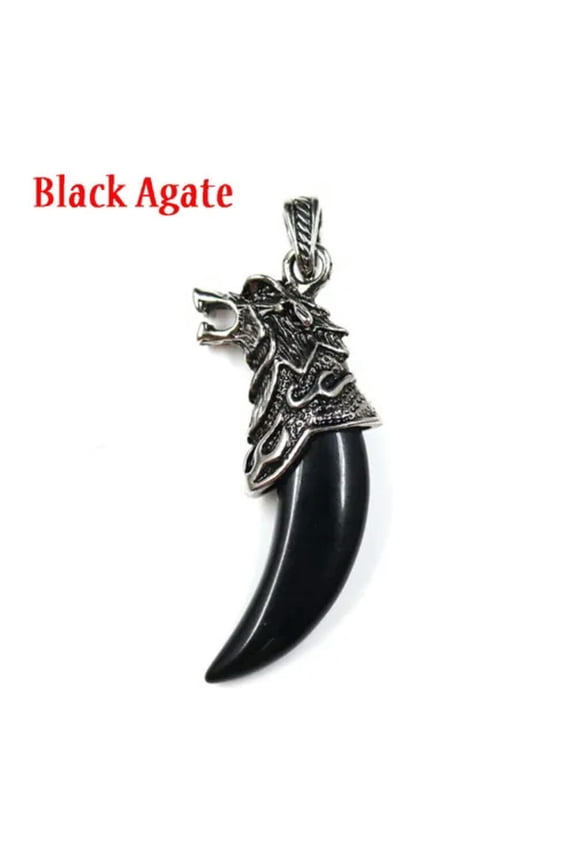 Natural Crystal Quartz Wolf Fang Tooth Healing Point Gem Bead Stone Pendant-Black Agate