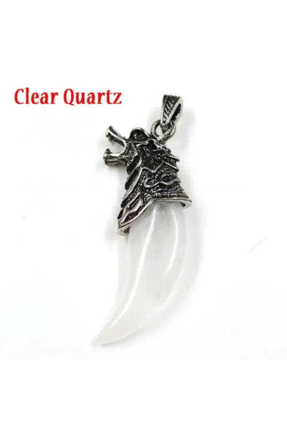 Natural Crystal Quartz Wolf Fang Tooth Healing Point Gem Bead Stone Pendant-Clear Quartz
