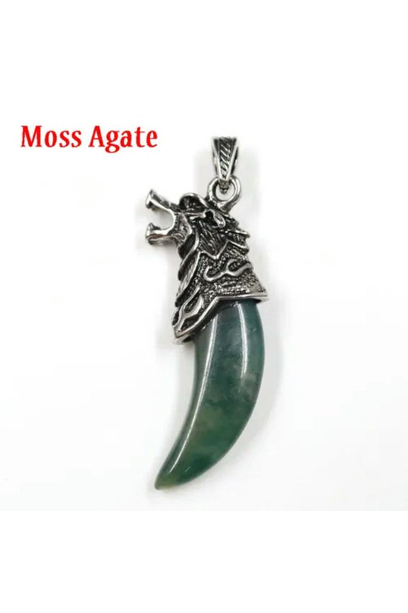 Natural Crystal Quartz Wolf Fang Tooth Healing Point Gem Bead Stone Pendant-Moss Agate