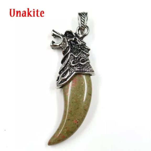 MATROOY Natural Crystal Quartz Wolf Fang Tooth Healing Point Gem Bead Stone Pendant-Unakite