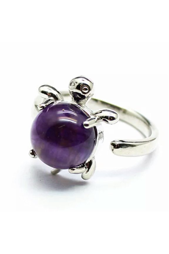 Natural Crystal Stone Bead Turtle Ring Energy Reiki Healing Adjustable Open Ring-Amethyst