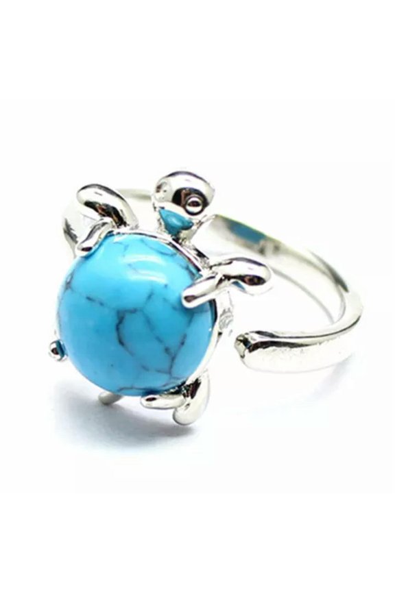 Natural Crystal Stone Bead Turtle Ring Energy Reiki Healing Adjustable Open Ring-Blue Turquoise