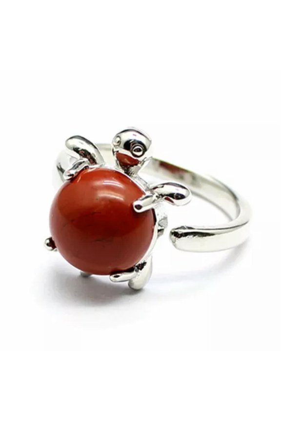 Natural Crystal Stone Bead Turtle Ring Energy Reiki Healing Adjustable Open Ring-Red Stone