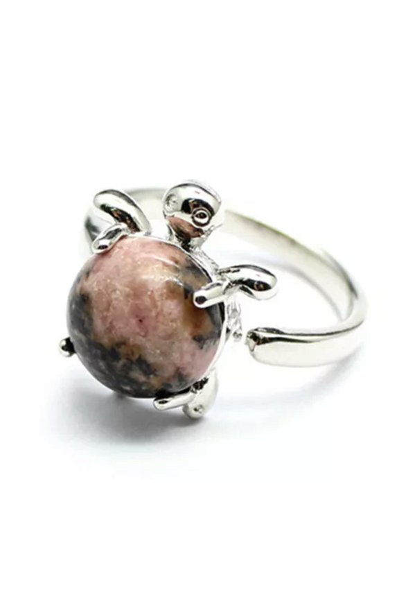 Natural Crystal Stone Bead Turtle Ring Energy Reiki Healing Adjustable Open Ring-Rhodochrosite