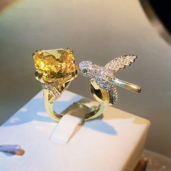 MATROOY Natural Crystal Stone Bird 925 Silver Open Ring Women Creativity Jewelry 4 Color-Yellow