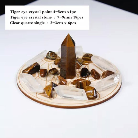 MATROOY Natural Crystal Wand Point 7 Chakra Stone Star Array Wood Base Energy Generator-Tiger's eye