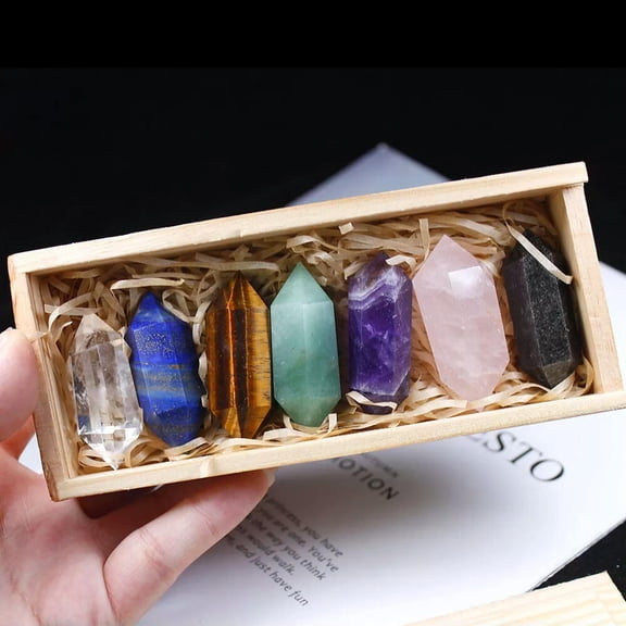MATROOY Natural Gemstone 7 Chakra Crystal Double Point Quartz Wand Pillar Healing Wand