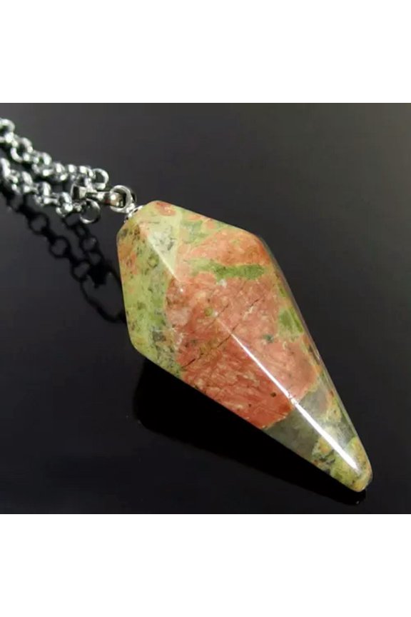 Natural Gemstone Crystal Healing Cone Hexagonal Point Pendulum Pendant Energy-Unakite