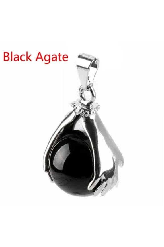 Natural Gemstone Hands Palm Ball Round Reiki Chakra Pendant Beads Charm Amulet-Black Agate