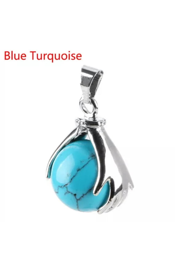 Natural Gemstone Hands Palm Ball Round Reiki Chakra Pendant Beads Charm Amulet-Blue Turquoise