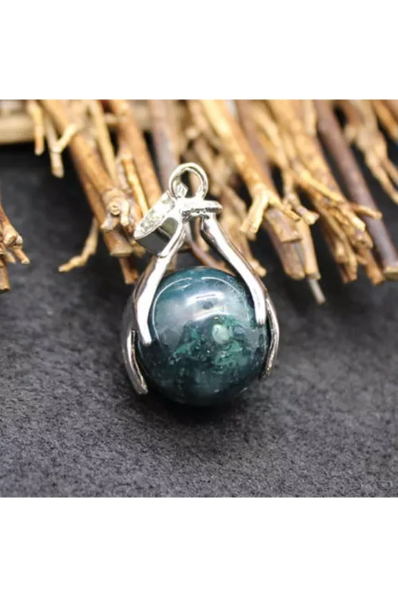 Natural Gemstone Hands Palm Ball Round Reiki Chakra Pendant Beads Charm Amulet-Moss Agate