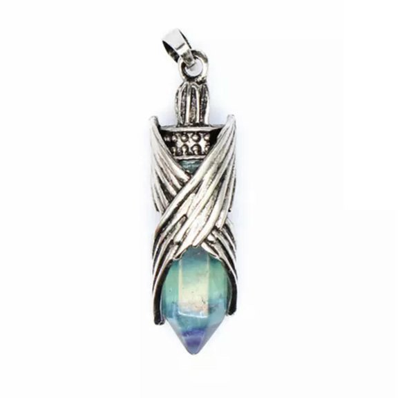 MATROOY Natural Gemstone Hexagonal Angel Wing Chakra Healing Pendant Bead Tibetan Silver-Fluorite