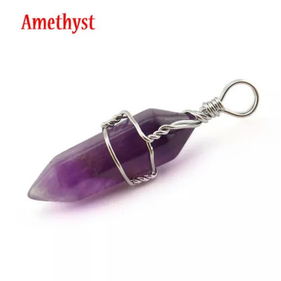 MATROOY Natural Gemstone Hexagonal Point Reiki Chakra Pendant Necklaces Beads Wire Wrap-Amethyst