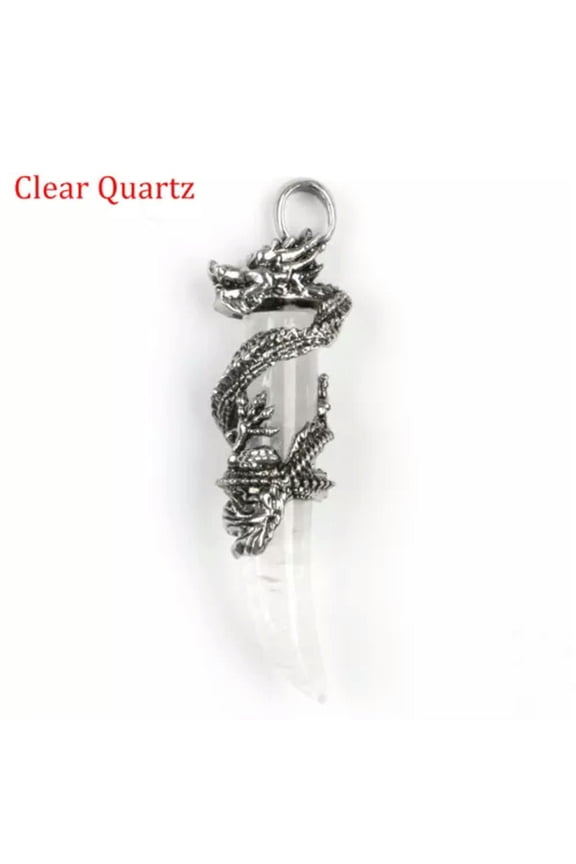 Natural Gemstone Wolf Teeth Dragon Wrapped Pendant Magic Reiki Healing Amulet-Clear Quartz