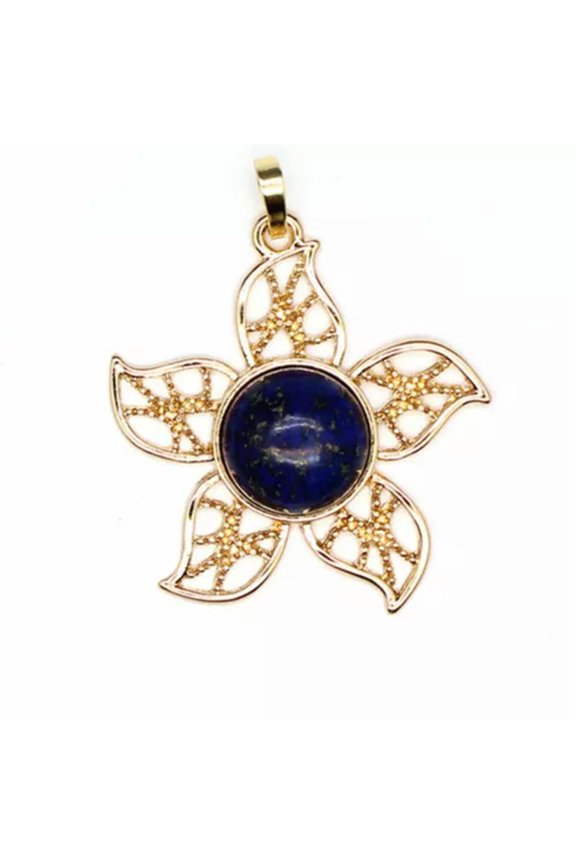 Natural GemstoneCrystal Quartz Flower Pendant Magic Reiki Healing Amulet-Lapis Lazuli-Gold