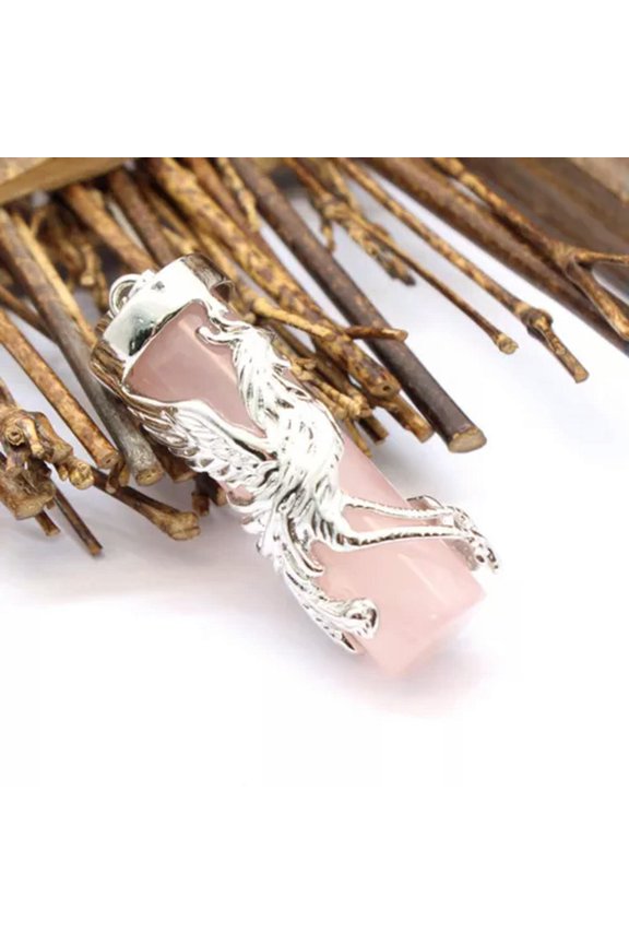 Natural Gemstones Cylinder Dragon Wrap Column Reiki Healing Beads Pendant-Rose Quartz-Phoenix