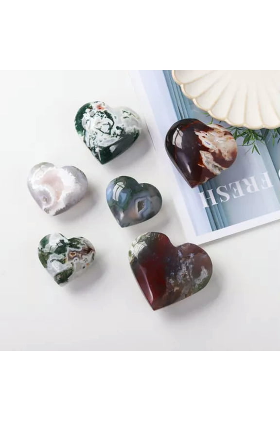Natural Geode Moss Agate Quartz Heart Hand Carved Crystal Specimens Healing-4~5cm(No Geode)