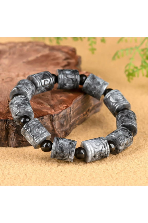 Natural Grade A Jade Jadeite Black Lucky Carved Pattern Column Beaded Bracelet
