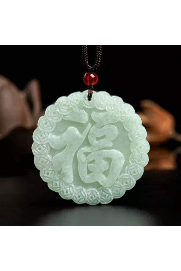 Natural Grade A Jade Jadeite Lucky Coin Chinese Character Fu  Round Pendant