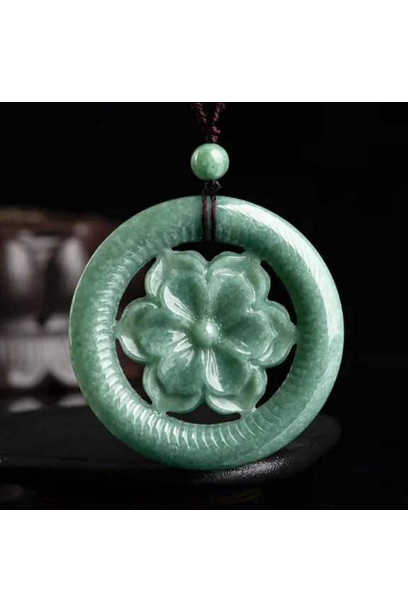 Natural Grade A Jade Jadeite Lucky Gift Perfect Peony Flower Circle Pendant