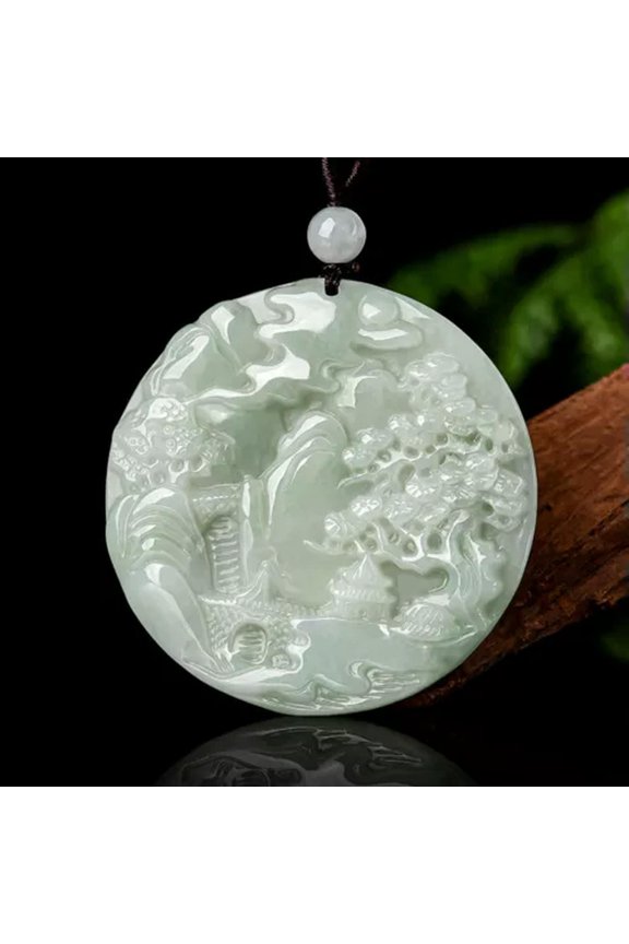 Natural Grade A Jade Jadeite Men Women Mountain Tree Landscape Round Pendant