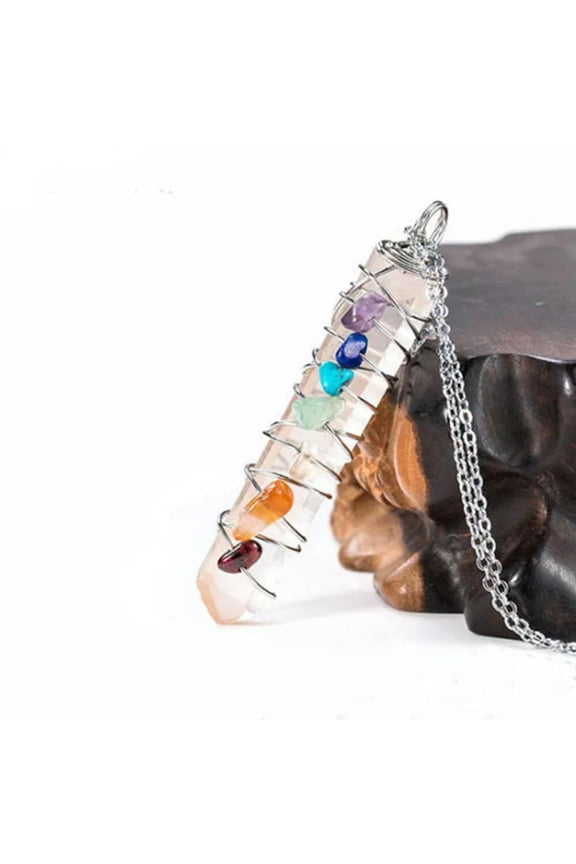 Natural Healing Crystal 7 Chakra Stone Wire Wrap Quartz Reiki Pendulum Pendant