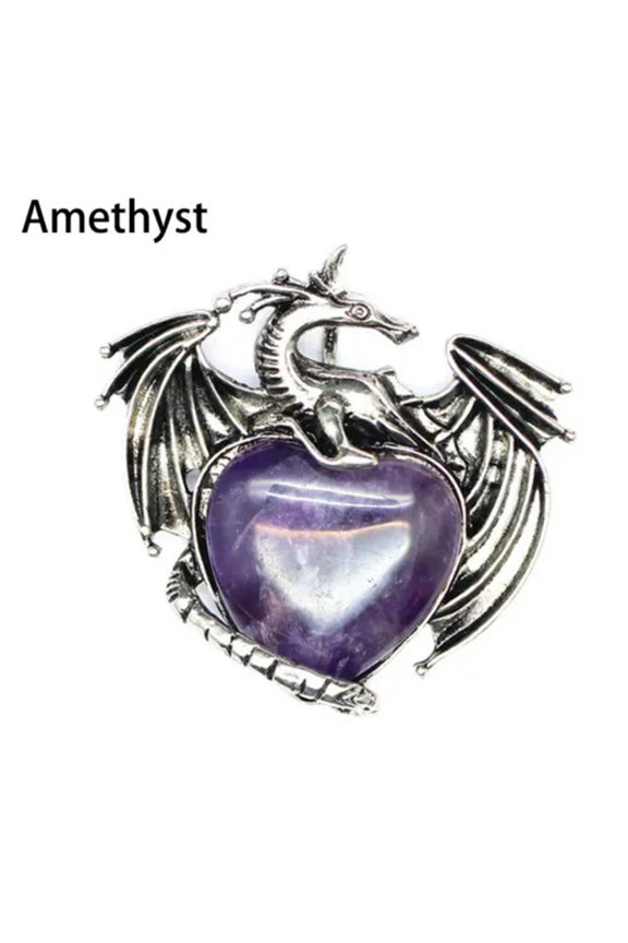Natural Healing Energy Heart Shape Stone Wing Dragon Pendant Reiki Amulet-Amethyst