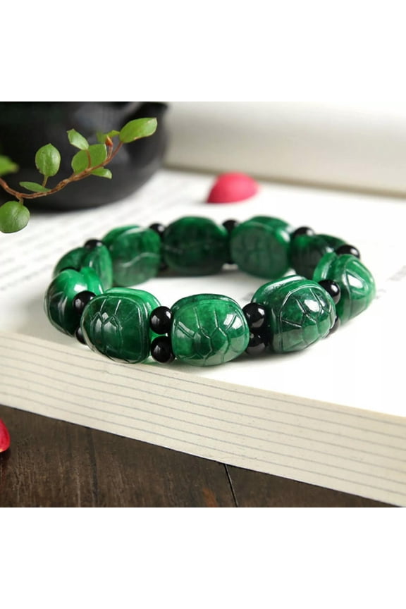 Natural Jade Jadeite Bangle Lucky Green Turtle Shell Beaded Adjustable Bracelet