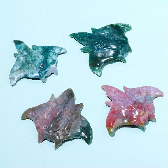 MATROOY Natural Moss Agate Devil Fish Sculpture Crystal Animal Carved Energy Quartz