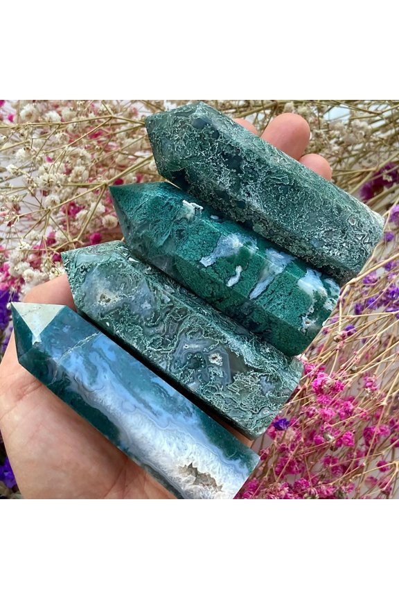 Natural Moss Agate Healing Crystal Point Wands Obelisk Chakra Tower Home Decor