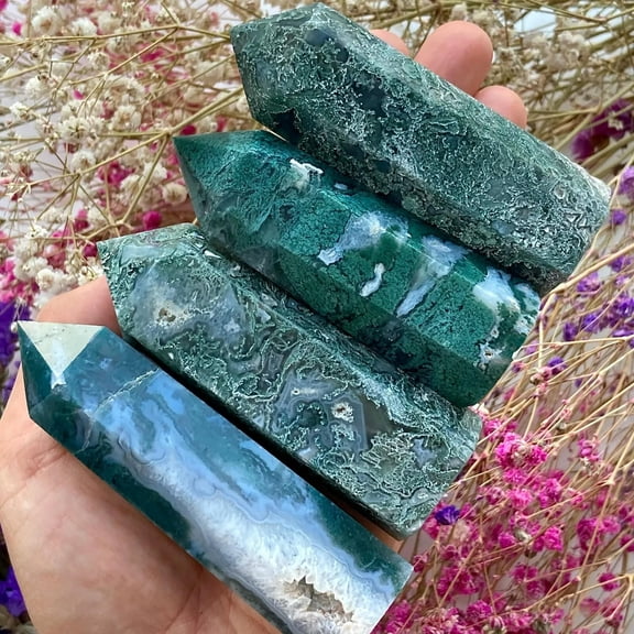 MATROOY Natural Moss Agate Healing Crystal Point Wands Obelisk Chakra Tower Home Decor