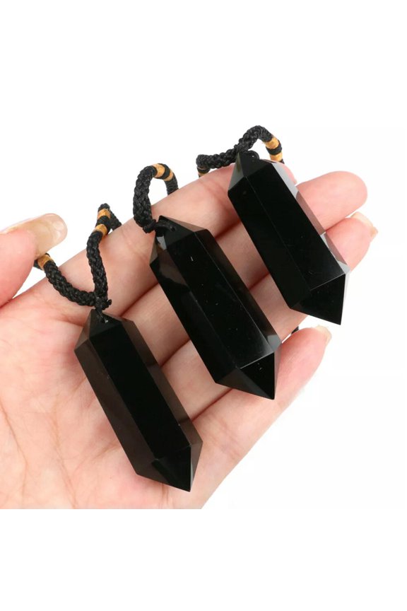 Natural Obsidian Double Point Pendant Healing Reiki Stone Necklace Fengshui Gift