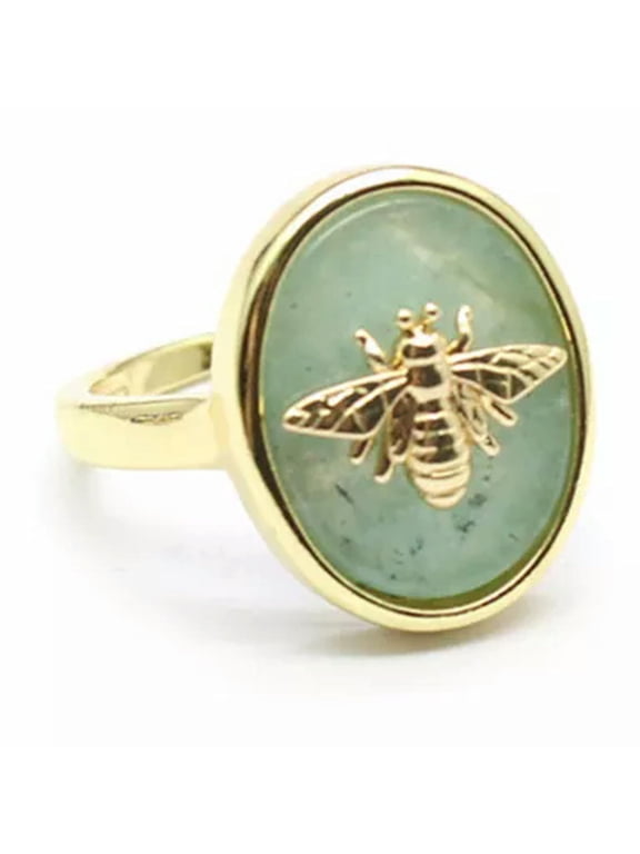 Natural Oval Stone Ring Vintage Golden Bee Crystal Quartz Open Ring Adjustable-Aventurine