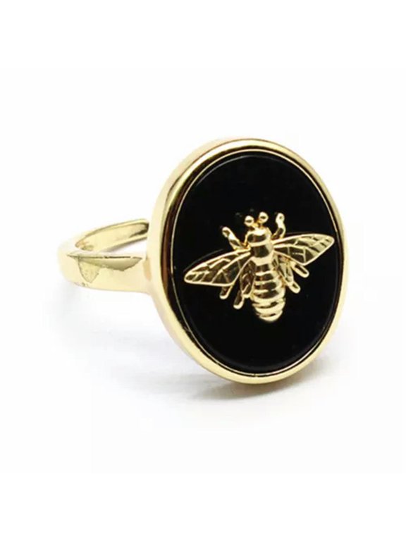 Natural Oval Stone Ring Vintage Golden Bee Crystal Quartz Open Ring Adjustable-Obsidian