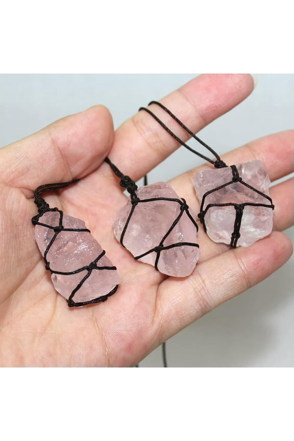 Natural Pink Rose Raw Rough Quartz Gemstone Pendant Wrap Braid Rope Necklace