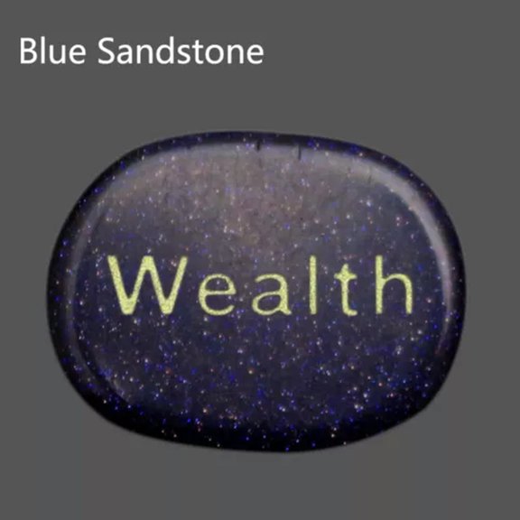 MATROOY Natural Pocket Stone Engraved "Wealth" Lettering Inspirational Positive Word-Blue Sandstone