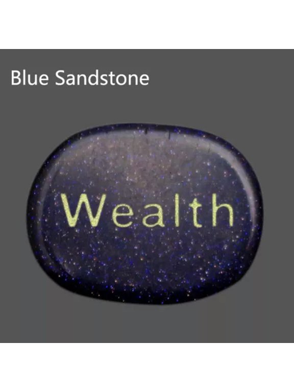 Natural Pocket Stone Engraved "Wealth" Lettering Inspirational Positive Word-Blue Sandstone